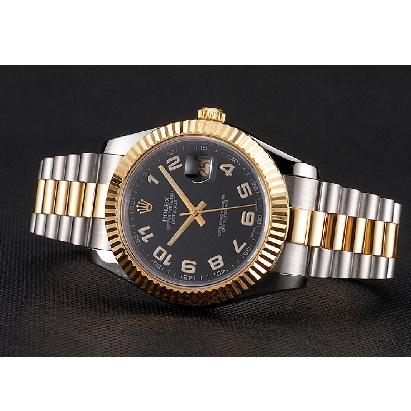 Aaa replica watch Swiss Two Dial Black Tone Gold Bracelet Steel Stainless Bezel Case Rolex Datejust 0725